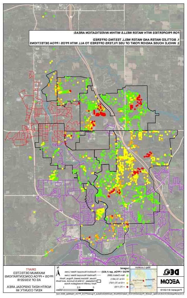 Map of PFAS concentrations at sites in Kent County, MI. (Source: http://www.michigan.gov/documents/pfasresponse/BEL_180601_PFOS_PFOA_HeatMap_MAX_624687_7.pdf)